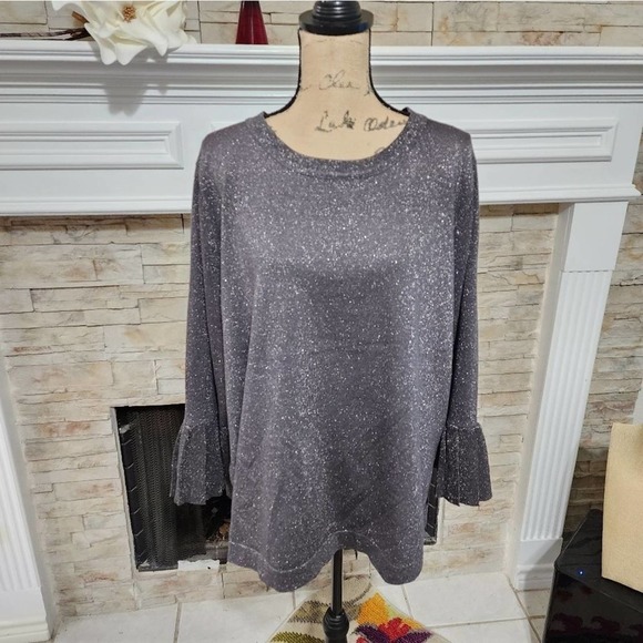 Cable & Gauge Grey metallic ruffled statement sleeve dressy sweater plus size 2X - Picture 1 of 7